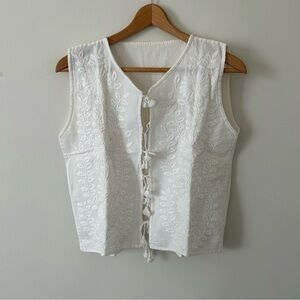 Vintage Embroidered Floral White/Cream Tie Front Vest